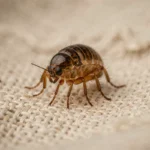Photo macro ultra-réaliste d'une puce sur tissu en lin, détails de l'exosquelette visibles, symbolique spirituelle de la puce
