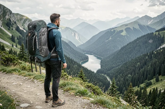 Randonneur avec sac à dos technique contemplant une vallée de montagne boisée, tendances du tourisme d'aventure et voyages en plein air