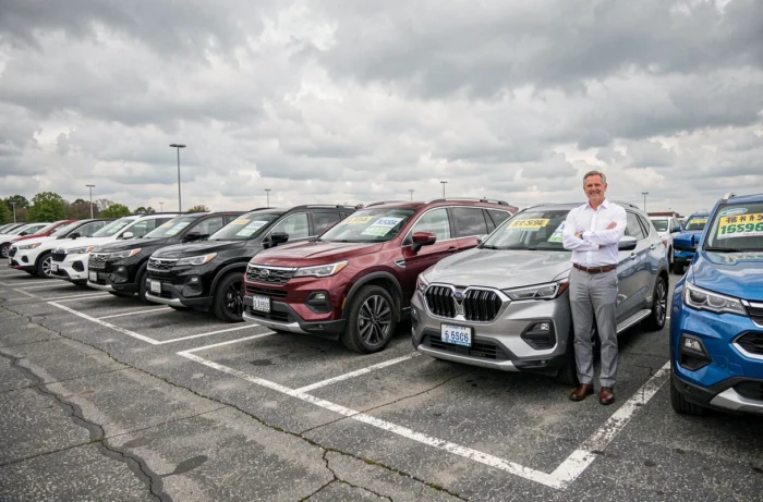 Rangée de SUV d'occasion exposés dans un parc automobile avec un vendeur