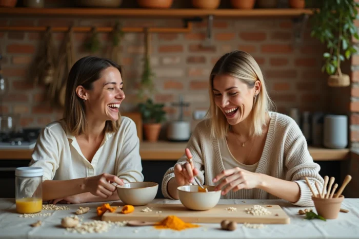 Deux femmes préparant un masque visage maison à base de miel et curcuma dans une cuisine rustique avec des ingrédients naturels sur la table