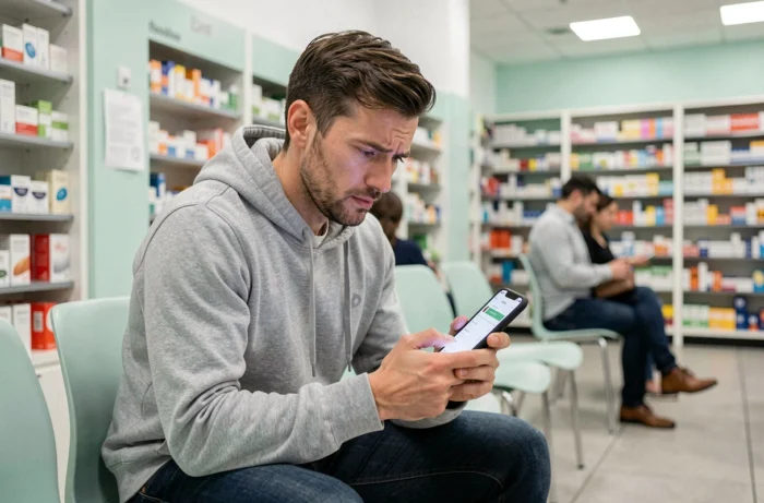 Un homme recherche un professionnel de santé sur son smartphone dans une salle d'attente de pharmacie moderne