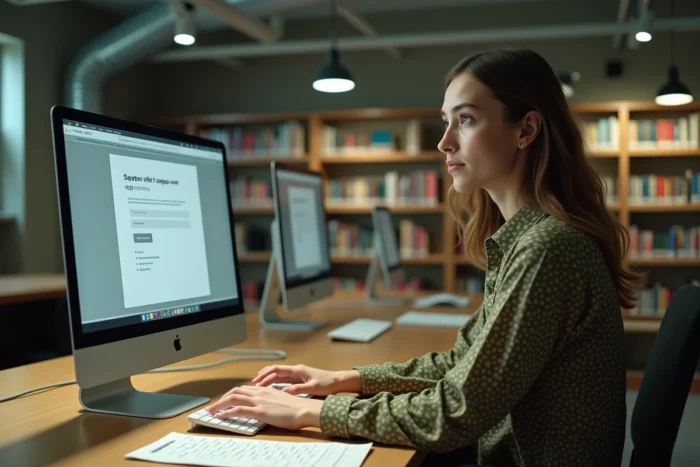 Jeune professeure consultant une procédure de récupération de compte messagerie Zimbra dans la bibliothèque d'un lycée