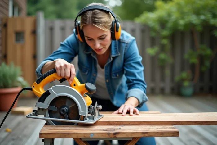 Femme réglant l'angle de biseau d'une scie circulaire sur un chantier extérieur résidentiel