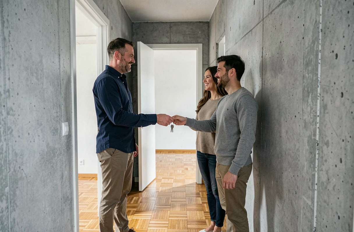 Propriétaire remettant les clés d'un appartement à des locataires lors d'une remise des clés