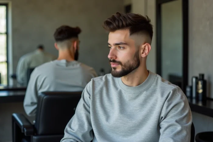 Homme avec un dégradé en V fondu parfaitement réalisé visible de face et en reflet miroir dans un salon moderne