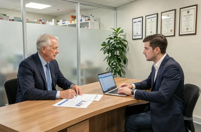 Pharmacien et conseiller financier discutant de la valorisation d'une pharmacie lors d'une réunion professionnelle