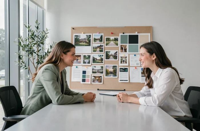 Deux femmes en réunion avec une coordinatrice de mariage dans un studio moderne, consultant un tableau d'inspiration avec photos de lieux et palettes de couleurs