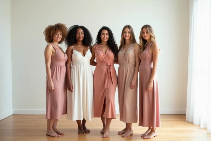 Cinq femmes aux morphologies différentes portant chacune une coupe de robe adaptée à leur silhouette, illustrant la diversité des coupes disponibles