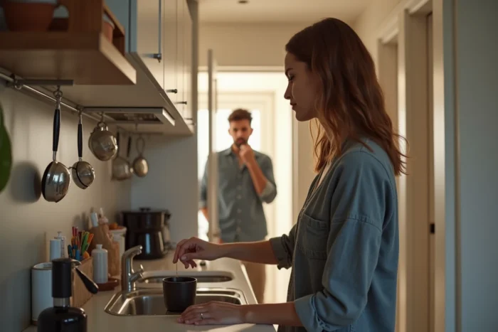 Femme préparant le café dans une petite cuisine de studio pendant que son partenaire se prépare dans la salle de bain
