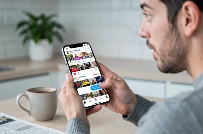 Personne découvrant une rumeur virale sur son smartphone dans une cuisine moderne avec une tasse de café