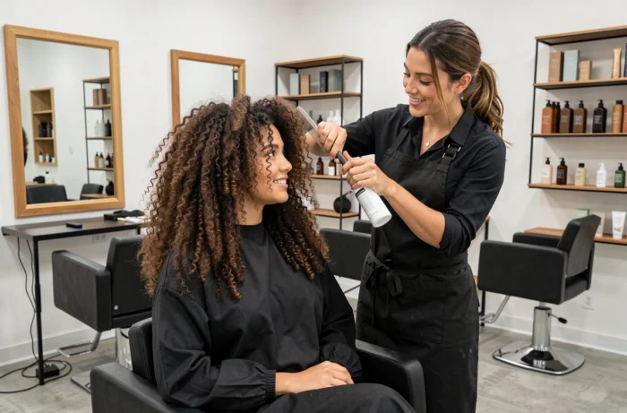 Coiffeuse professionnelle travaillant sur des cheveux bouclés naturels dans un salon moderne, tendances coiffure et soins capillaires