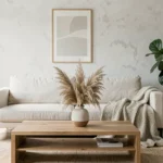 Salon scandinave moderne avec canapé en lin, table basse en chêne et plantes décoratives tendance 2024