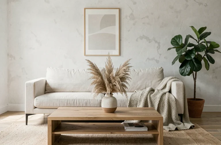 Salon scandinave moderne avec canapé en lin, table basse en chêne et plantes décoratives tendance 2024