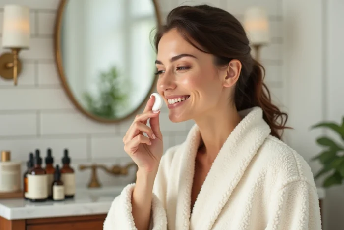 Femme aux 30 ans appliquant une crème visage dans une salle de bain élégante avec des produits de soin naturels sur une étagère en marbre