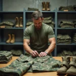 Soldat français organisant ses uniformes militaires réglementaires dans une salle de caserne, illustrant le droit à l'habillement dans l'armée