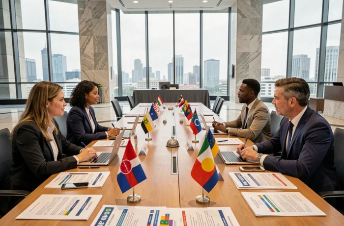 Délégués internationaux réunis autour d'un rapport sur le PIB mondial par pays lors d'un sommet économique