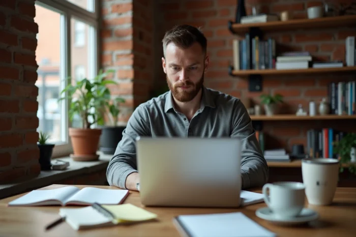 Entrepreneur travaillant sur une stratégie de référencement naturel depuis son bureau à domicile