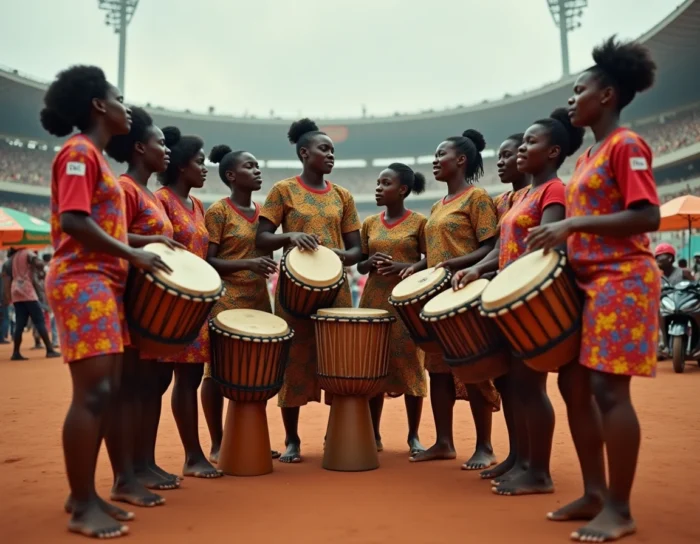 Groupe de supporters congolais jouant du djembé et chantant devant le stade avant un match