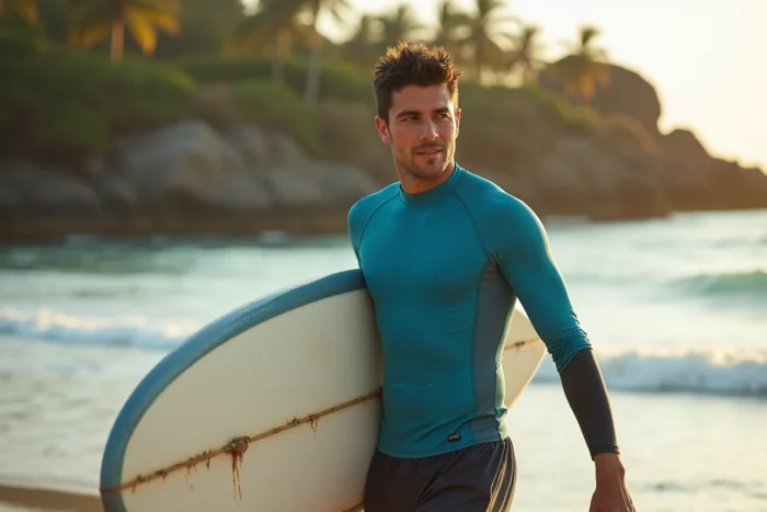Surfeur tenant sa planche de surf marchant sur la plage de Kuta Lombok avec lagon turquoise et cocotiers en arrière-plan