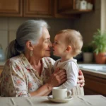 Grand-mère appelant affectueusement son petit-enfant 'coco' dans une cuisine familiale chaleureuse