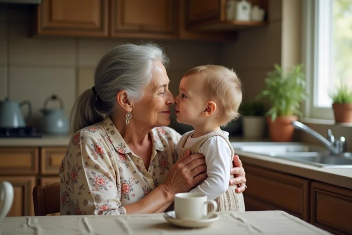 Grand-mère appelant affectueusement son petit-enfant 'coco' dans une cuisine familiale chaleureuse