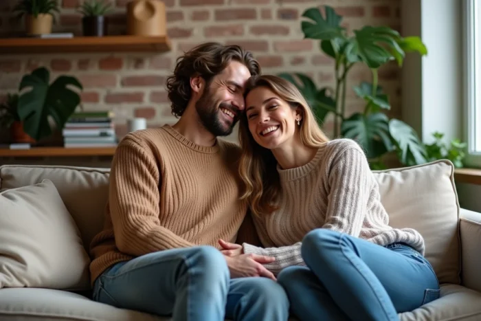 Couple complice dans un appartement parisien utilisant des surnoms affectifs comme 'coco'