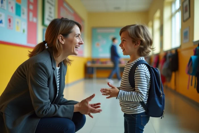 Institutrice française utilisant un surnom affectif 'coco' avec un élève dans un couloir d'école primaire
