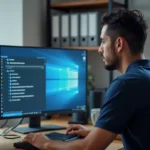 Technicien informatique explorant le dossier ESD dans l'explorateur de fichiers Windows 10 sur un bureau moderne