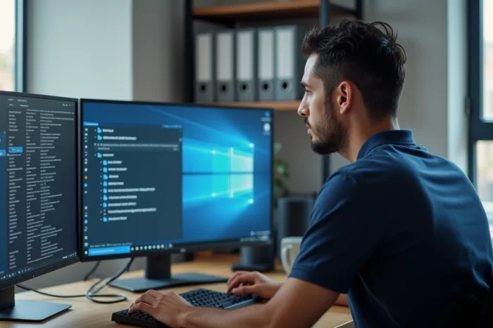 Technicien informatique explorant le dossier ESD dans l'explorateur de fichiers Windows 10 sur un bureau moderne
