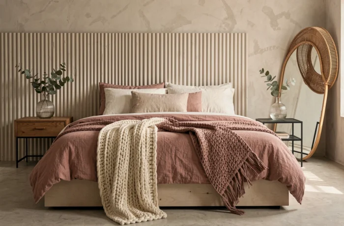 Chambre minimaliste avec lit en lin rose poudré, mur en plâtre brut strié et miroir en rotin dans une atmosphère douce et texturée