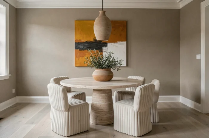 Salle à manger élégante avec table en travertin, chaises plissées blanches et tableau abstrait dans un appartement contemporain aux tons greige