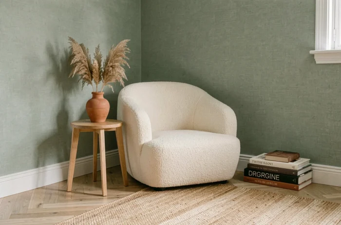 Salon contemporain avec fauteuil bouclé crème, table en chêne naturel et décoration en herbe de pampa dans une ambiance chaleureuse aux tons terreux