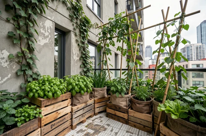 Terrasse urbaine aménagée avec des jardinières en bois recyclé et des sacs de culture remplis de légumes biologiques