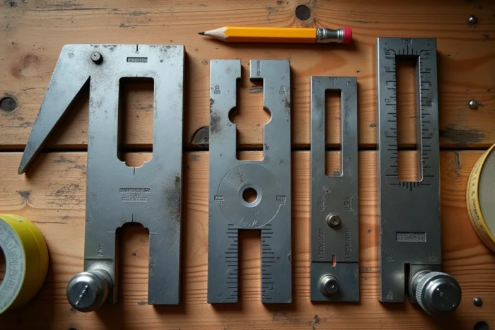 Vue du dessus de plusieurs types d'équerres de bricolage posées sur un établi en bois, incluant équerre de menuisier, équerre combinée et équerre à biseau