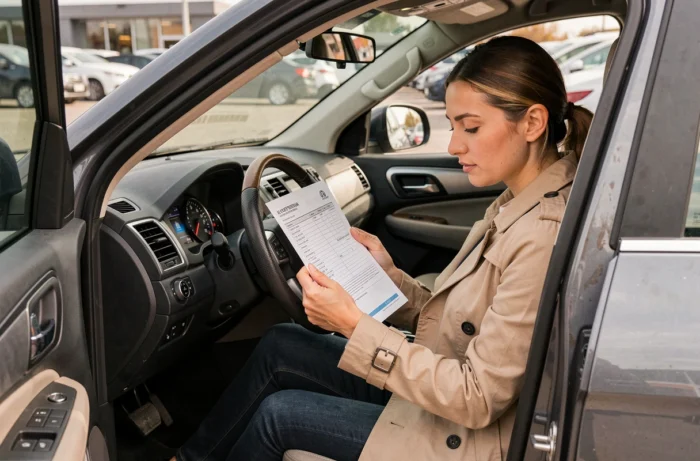 Femme consultant l'historique d'un véhicule avant l'achat d'un SUV d'occasion