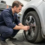 Technicien automobile vérifiant la pression des pneus d'une Citroën C2 avec un manomètre numérique dans un garage