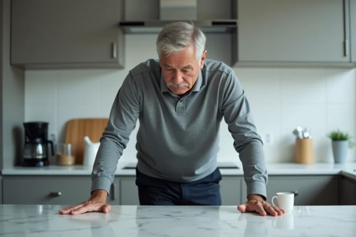 Homme âgé debout dans la cuisine s'appuyant sur le plan de travail pour retrouver son équilibre après des vertiges