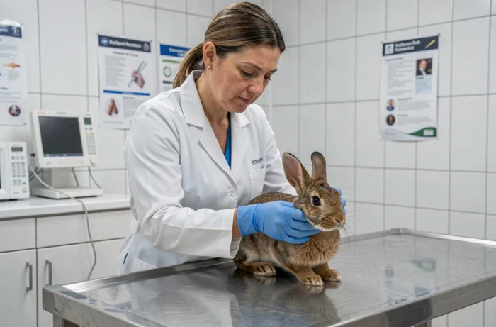 Vétérinaire examinant un lapin sur une table d'examen dans une clinique animale, soins vétérinaires et actualités animales