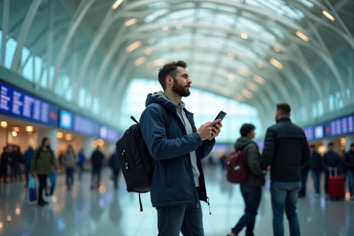 Voyageur consultant son billet dans un aéroport international lors d'un tour du monde