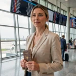 Voyageuse dans un terminal d'aéroport international tenant son passeport, tableau des départs en arrière-plan, tendances du tourisme mondial