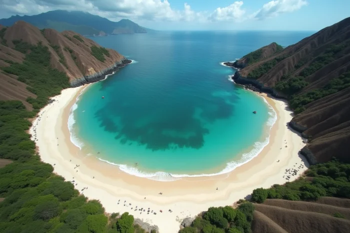 Vue aérienne de la baie de Tanjung Aan près de Kuta Lombok avec ses deux plages en croissant et ses eaux turquoise bordées de collines arides